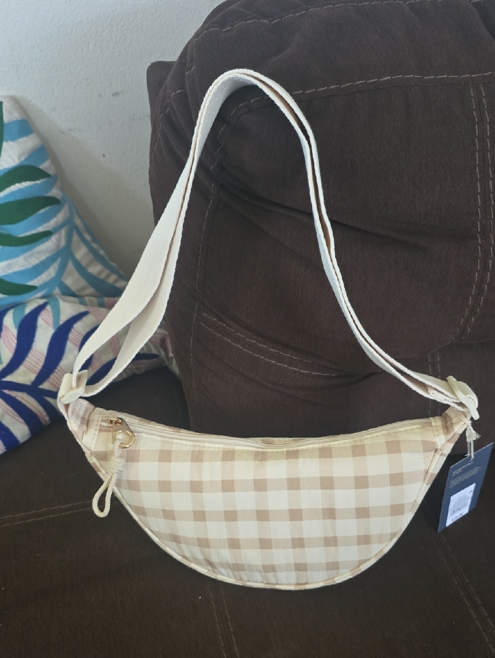 Universal Thread Beige Gingham Crescent Mini Crossbody